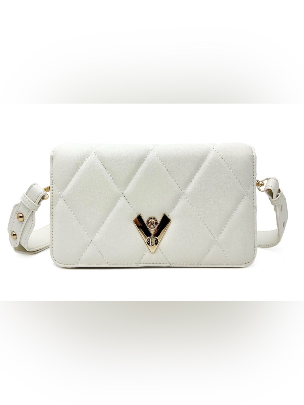 Valentino Orlandi White Quilted Crossbody with Gold V Emblem